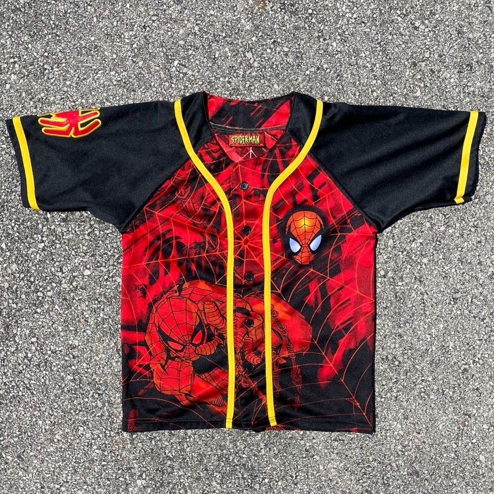 Spider-Man Vtg 2003 Y2K AOP Marvel Button Up Baseball Shirt Youth Youth 18x23.25
